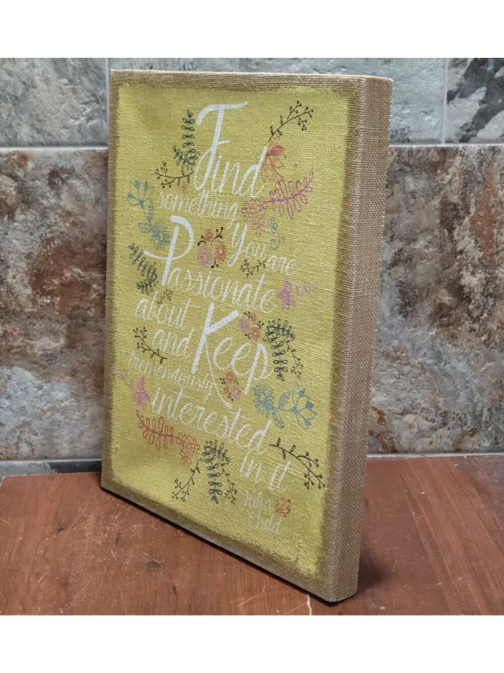 Vintage Julia Child Passion Quote Art Yellow Burlap Canvas Sign Floral Decor 20